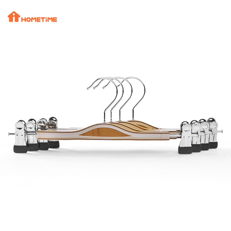 2021 Hot Sale Laminated Wooden Pants Hangers with Adjustable Metal Clips (1)