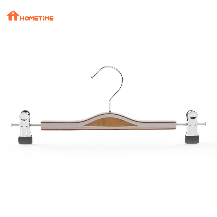 2021 Hot Sale Laminated Wooden Pants Hangers with Adjustable Metal Clips (5)