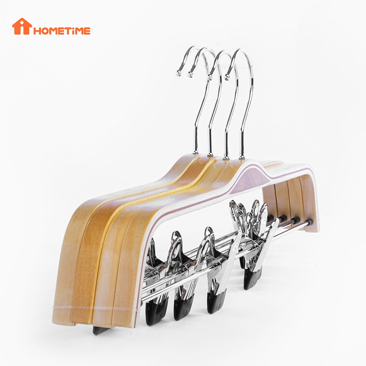 Venda quente de cabides para calças de madeira laminada com clipes ajustáveis ​​em cor natural (4)