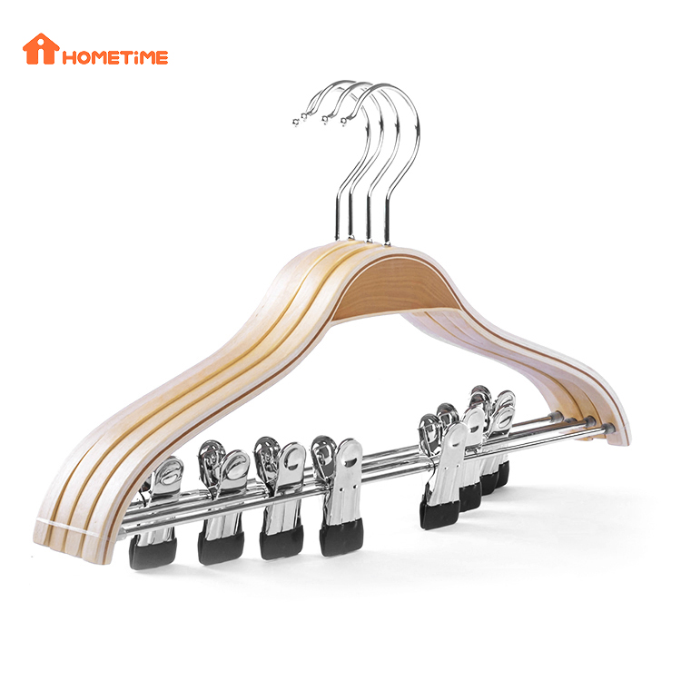 Save Space Natural Wooden Laminated Clothes Hanger With Clips (2)