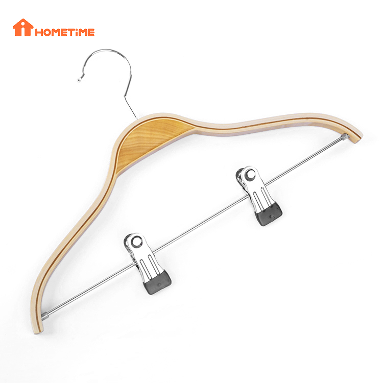 Save Space Natural Wooden Laminated Clothes Hanger With Clips (5)